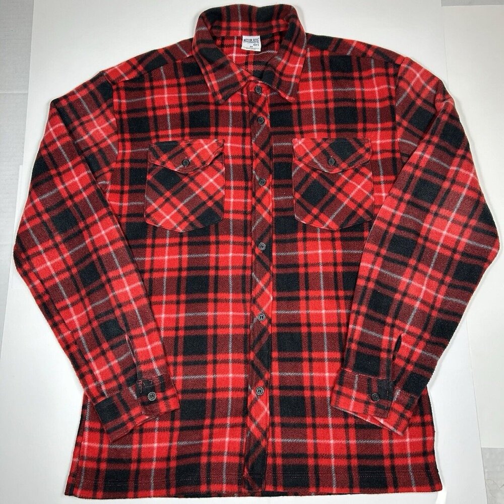 Mission Ridge Men Fleece Button Up Shirt Red Black Plaid Long Sleeve Pockets M
